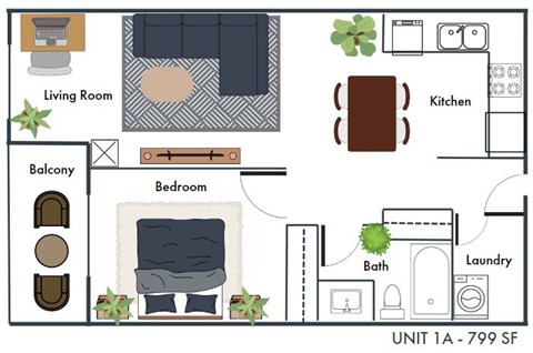 Floor plan for 1 bed, 1 bath, 799 sqft